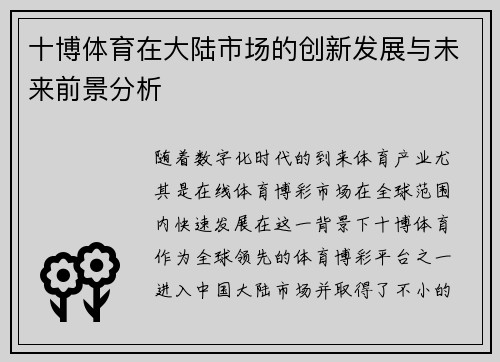十博体育在大陆市场的创新发展与未来前景分析